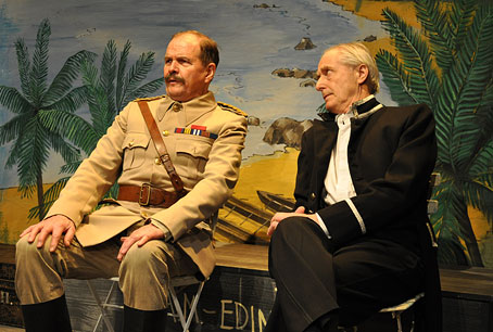 Actors Stuart McGugan (Hector MacDonald) and James Woolley (the Governor of Ceylon) seated as if watching cricket in a scene from David Gooderson's play 'So Great A Crime'. Photo: Alex Marker.