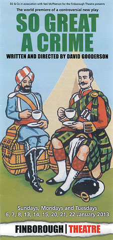 Leaflet (designed by Rebecca Maltby) front for 'So Great A Crime' with an image (courtesy of McCormick Foods) of two men, seated, taking tea and dressed in Scottish and far Eastern uniforms